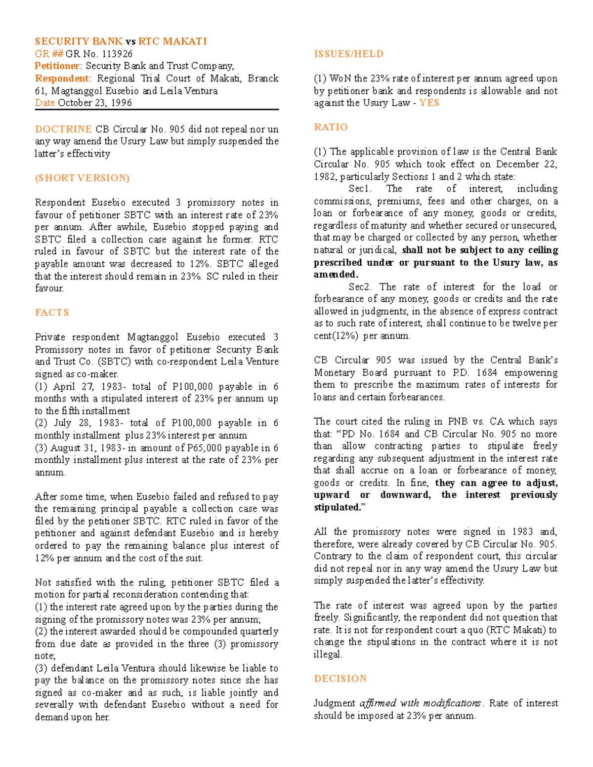 317968895 Security Bank vs RTC Makati: Interest Rate Dispute Analysis -  Studocu