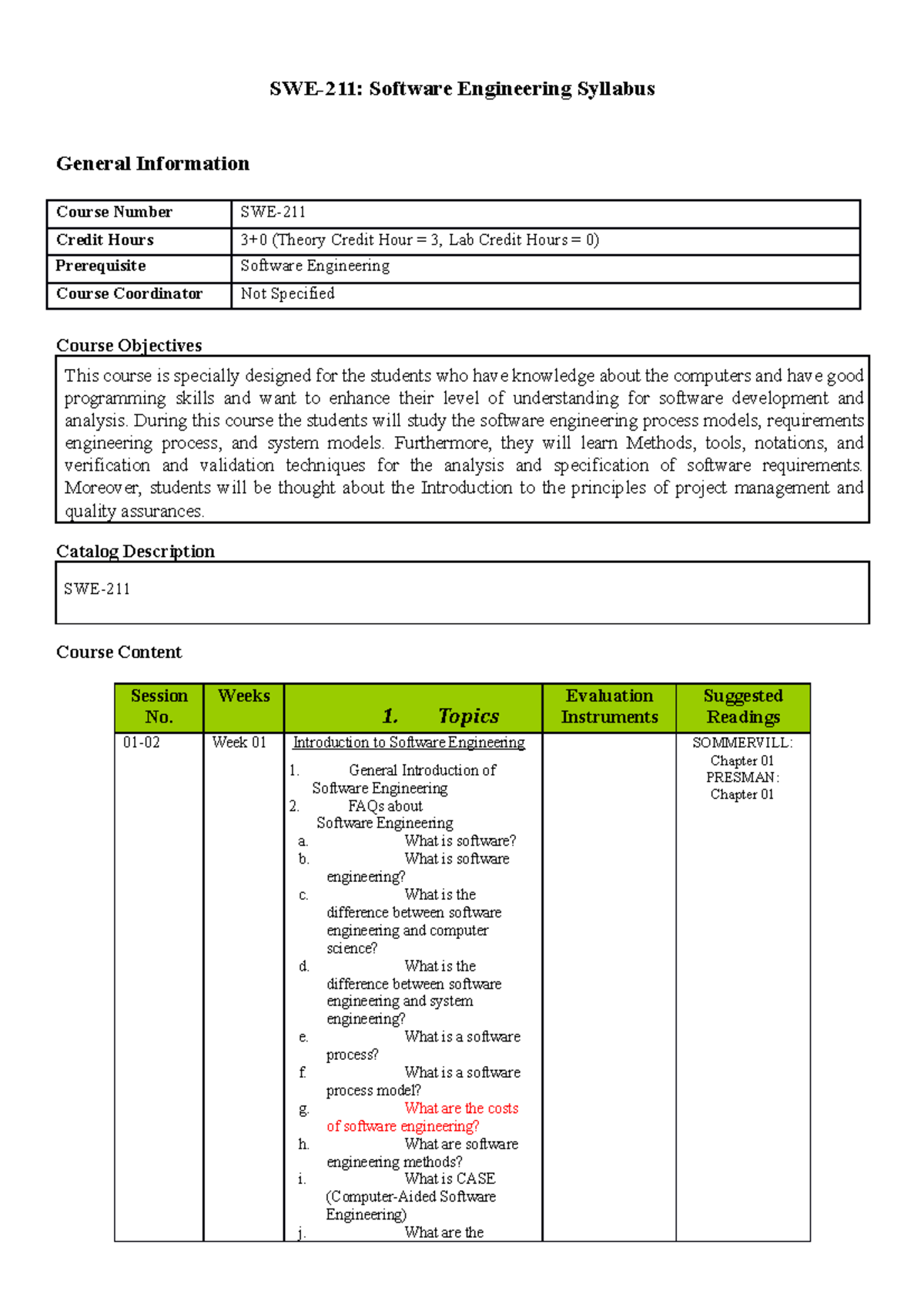 SWE-211 Course Outline: Software Engineering Syllabus by Dr. Ajmal ...