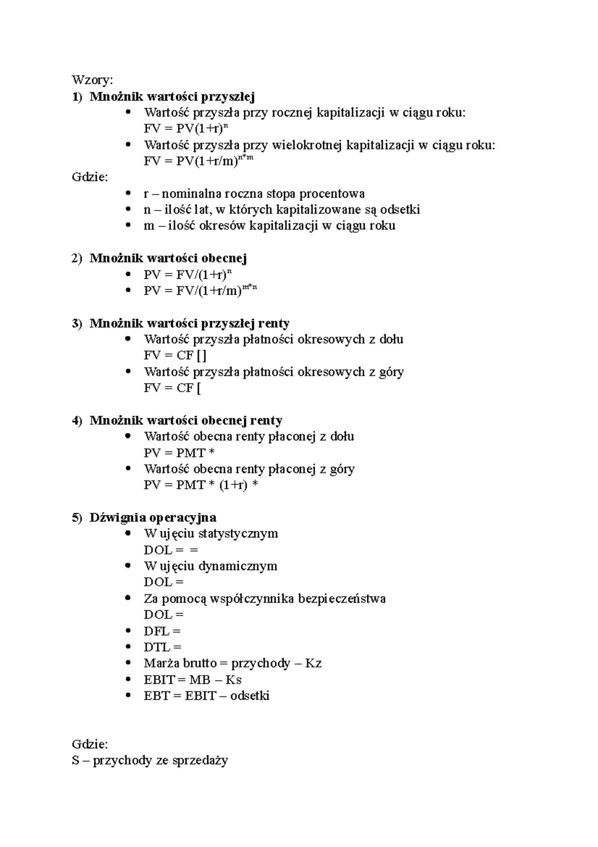Karta wzorów finanse - Finanse i rachunkowość - PV FV FV PV FV FV FV FV ...