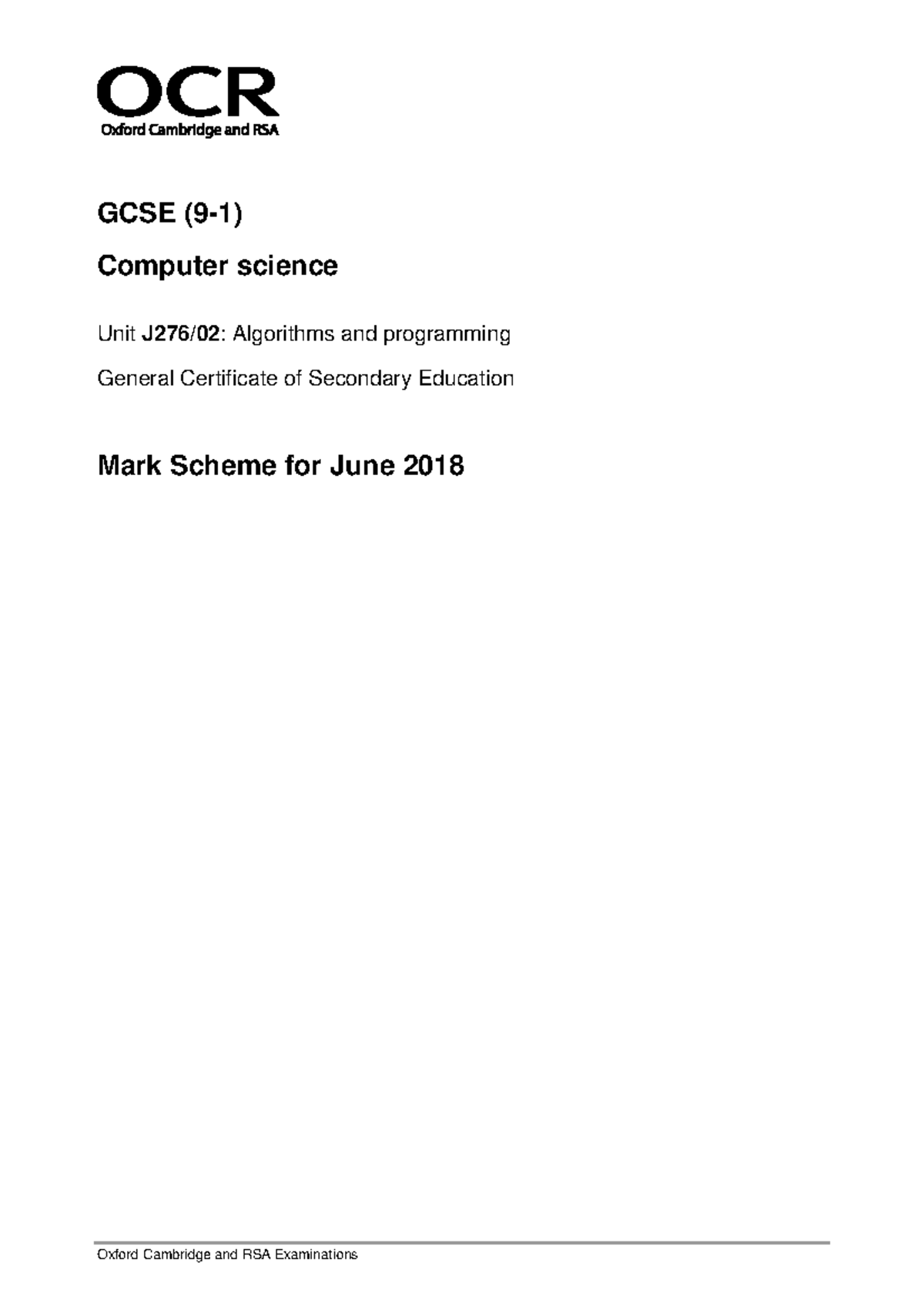 GCSE Computer Science Unit Algorithms & Programming Mark Scheme June ...