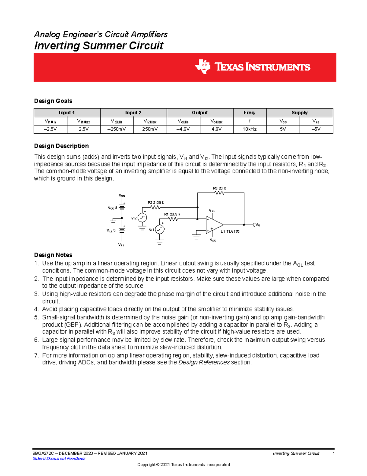 SBOA272C - Inverting Summer Circuit Design and Analysis Notes - Studocu
