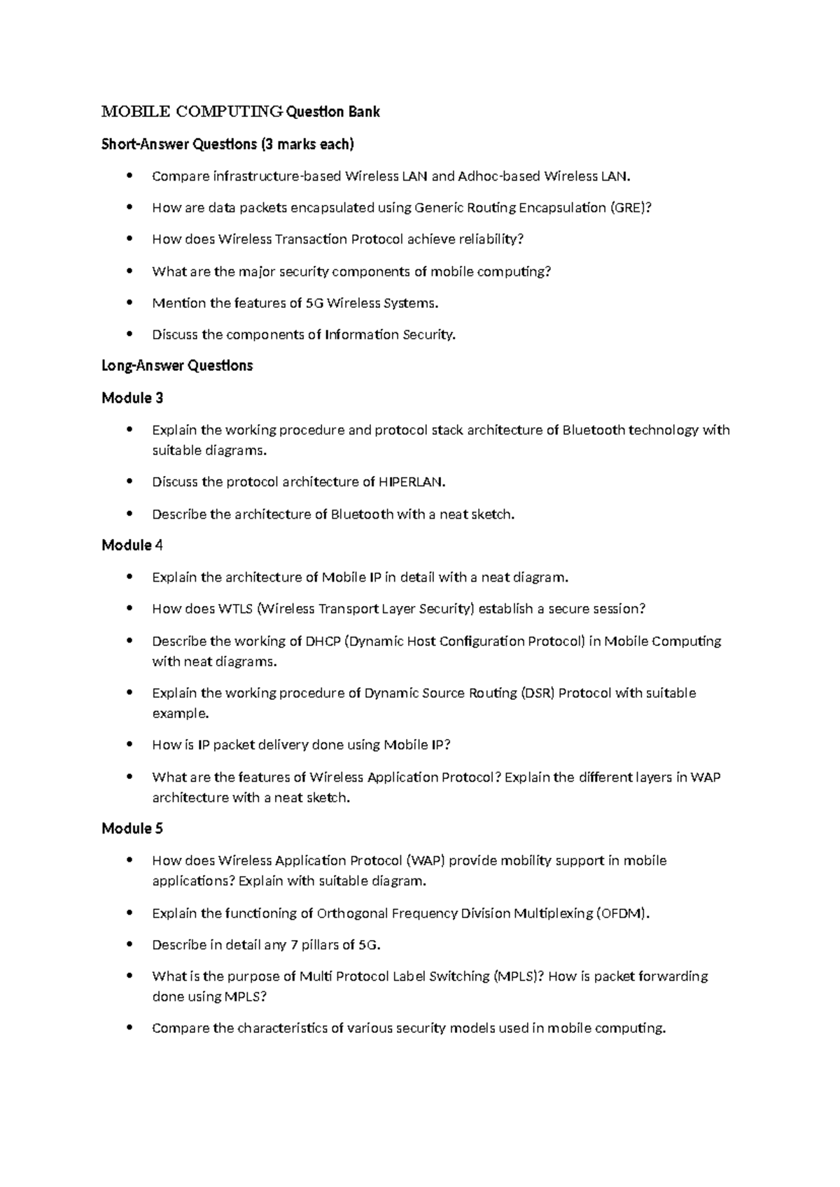 MOBILE COMPUTING Question Bank: Key Concepts & Protocols - Studocu
