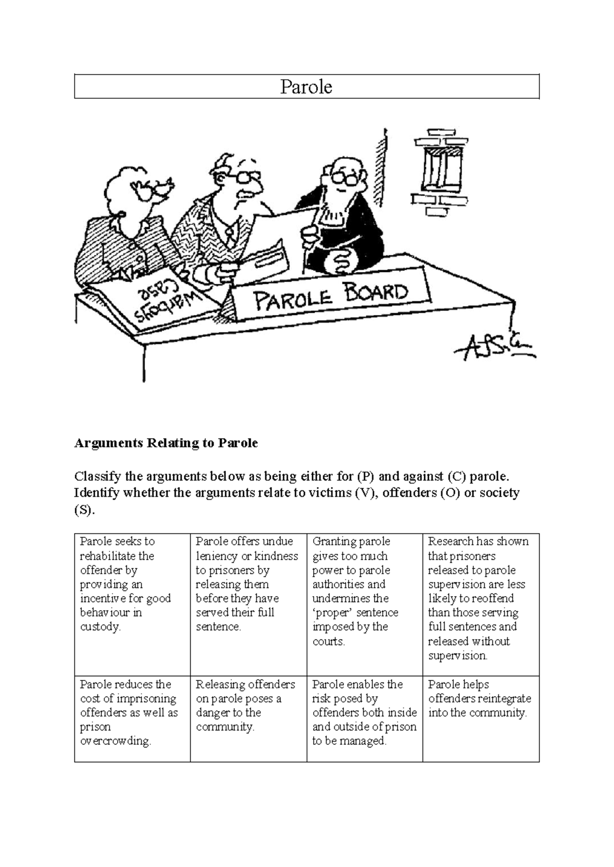 Parole Worksheet-1 (1) - Parole Arguments Relating to Parole Classify ...
