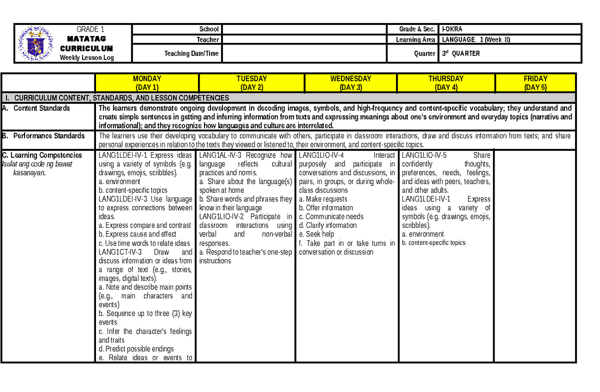 Q4G1 LANGUAGE Weekly Lesson Log: Locational Words & Responsibility ...