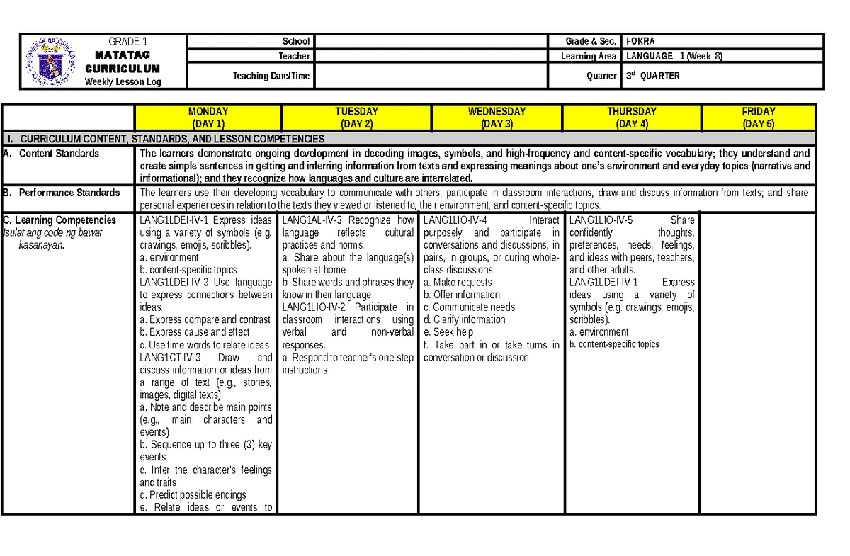 Q4G1 MATH W1 Bisaya - DLL - GRADE 1 MATATAG CURRICULUM Weekly Lesson ...
