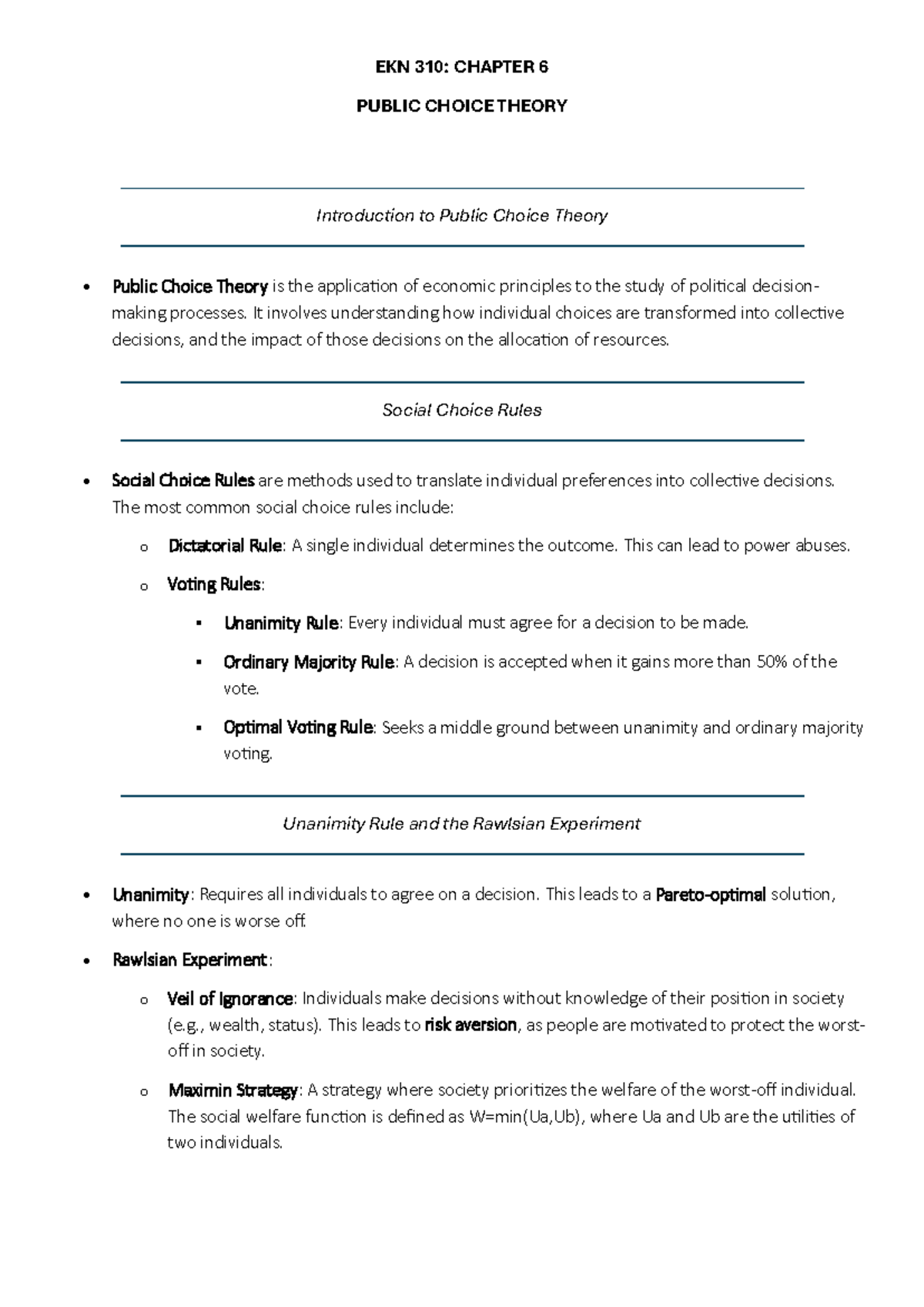 EKN 310: CHAPTER 6 - PUBLIC CHOICE THEORY LECTURE NOTES SUMMARY - Studocu