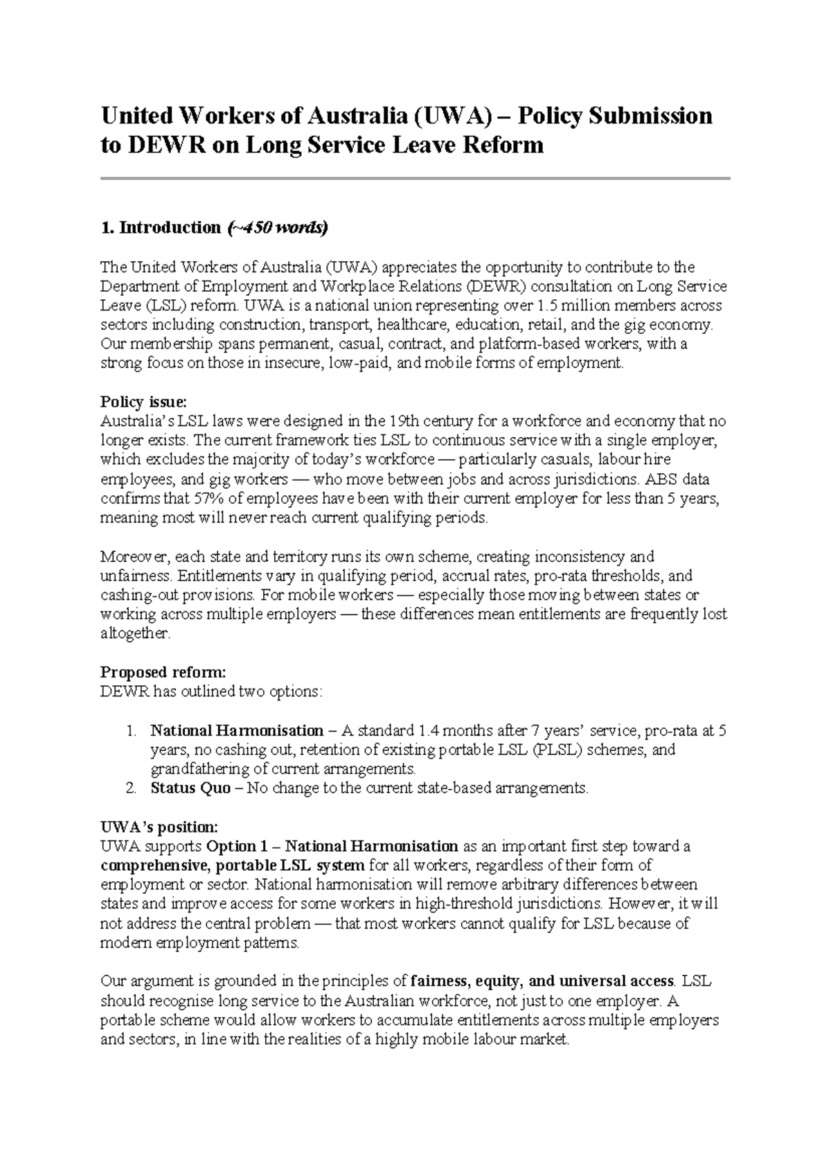 UWA Policy Submission on Long Service Leave Reform: A Call for National ...