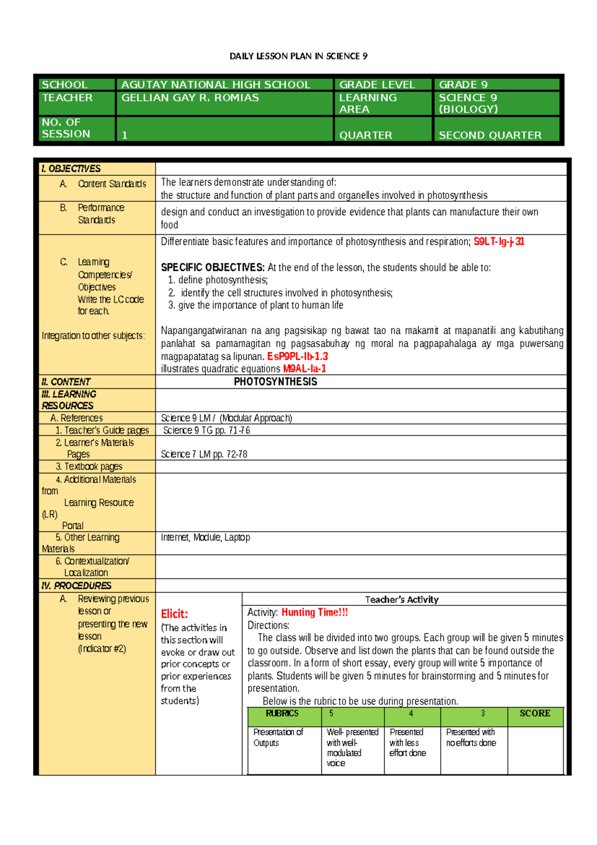 COT Lesson Plan for SCI-9: Understanding Photosynthesis in Grade 9 ...