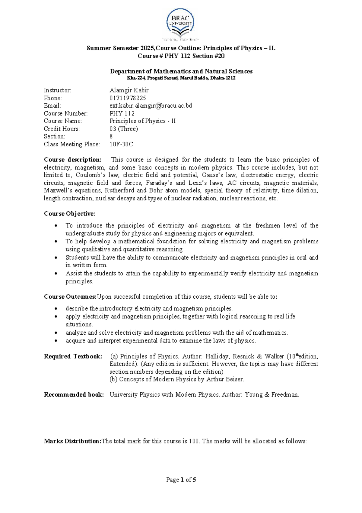 PHY 112 Course Outline: Principles of Physics II - Summer 2025 - Studocu
