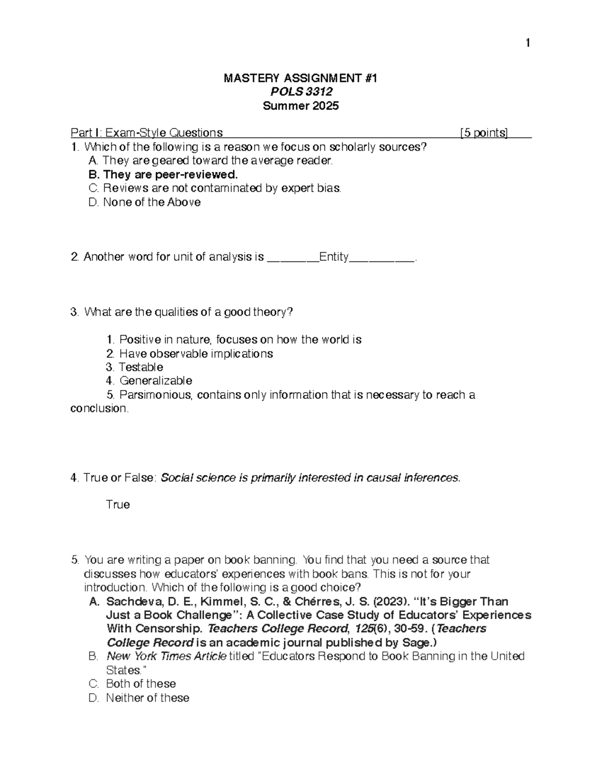 Mastery Assignment POLS 3312 Summer 2025: Multiple Choice & Short ...