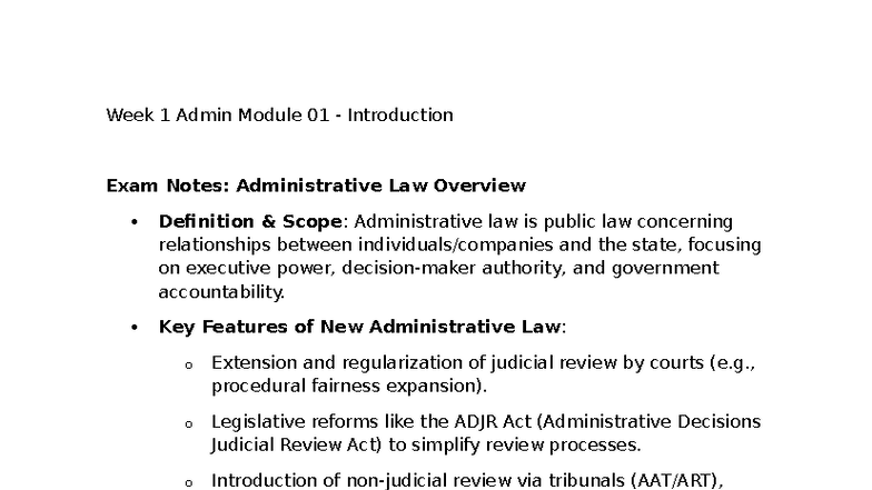 Admin Law Overview: Week 1 Exam Notes (Module 01) - Studocu