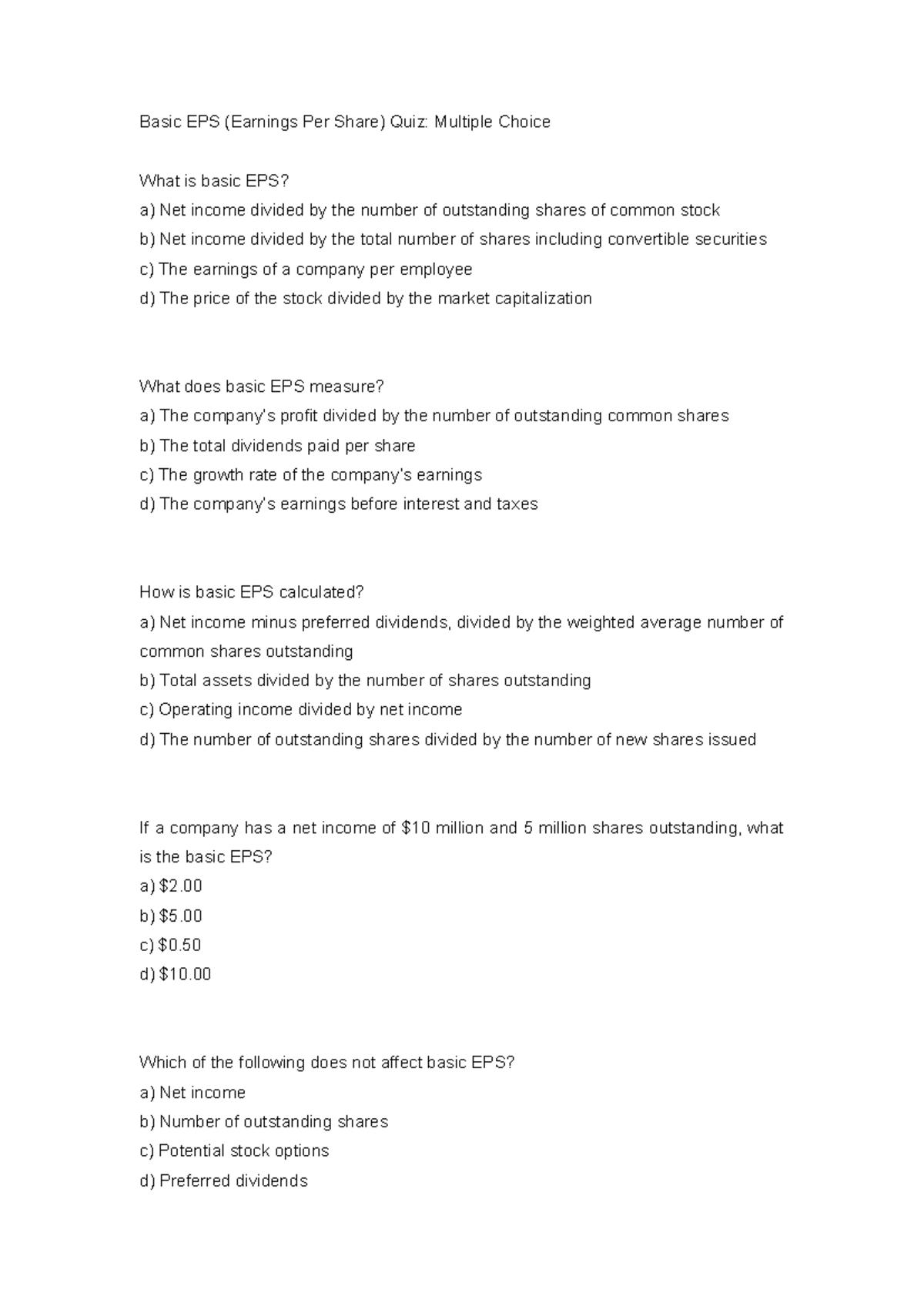 Basic EPS (Earnings Per Share) Quiz: Multiple Choice Questions - Studocu