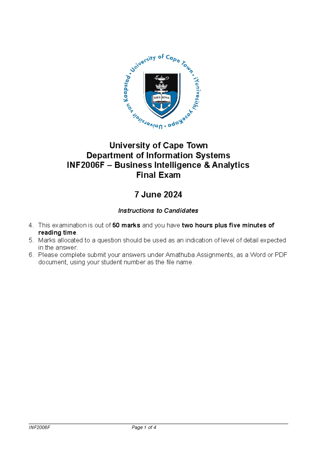INF2006F 2024 Business Intelligence & Analytics Final Exam Paper - Studocu