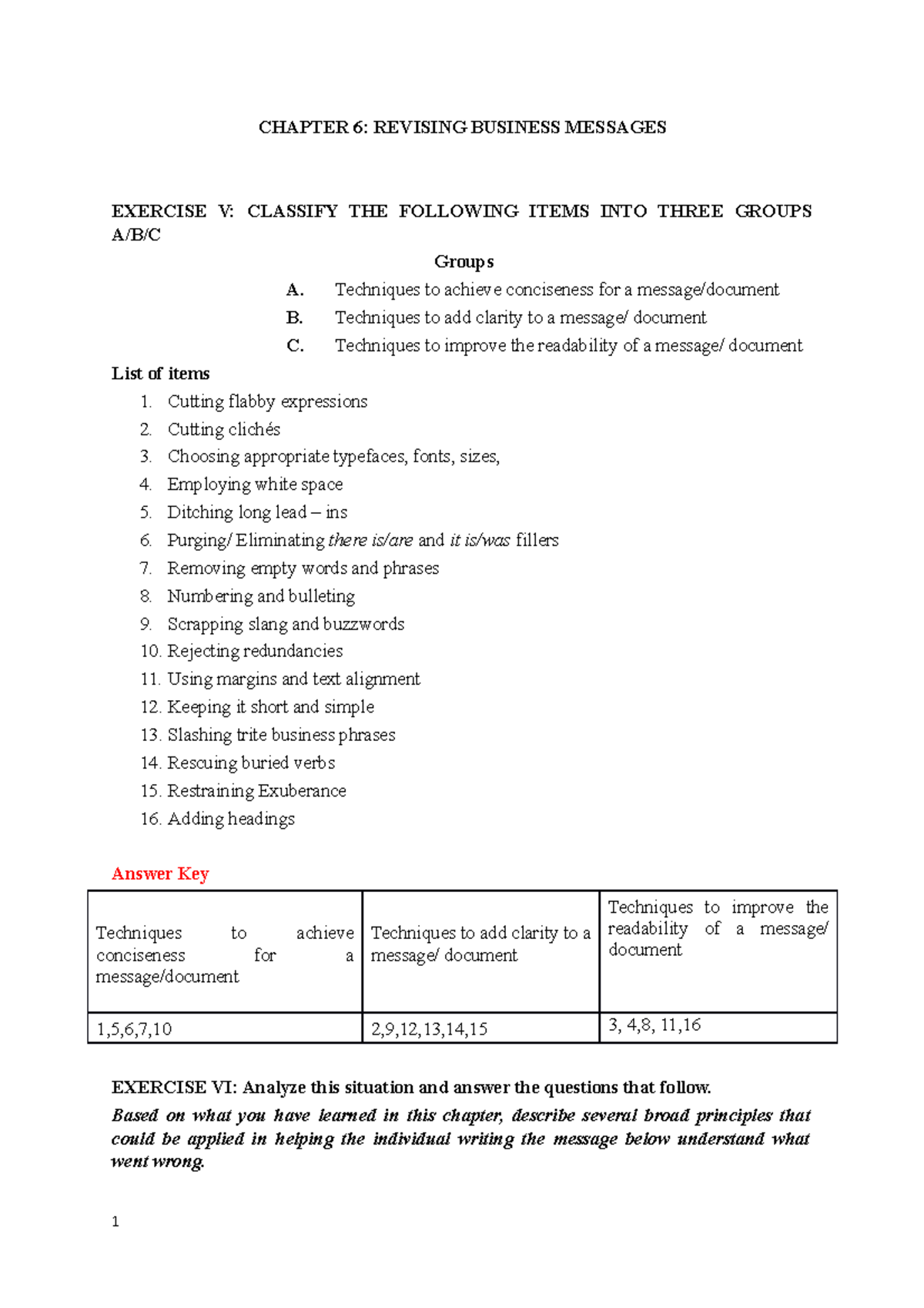 Chapter 6 - KEY - Key - CHAPTER 6: REVISING BUSINESS MESSAGES EXERCISE ...
