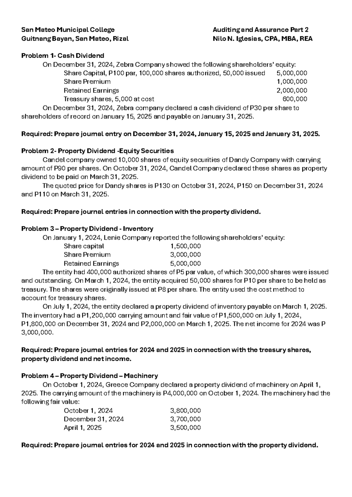 Problems Retained Earnings Dividend - San Mateo Municipal College ...