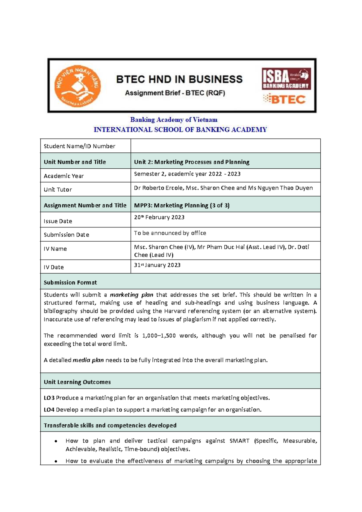 MPP3: Marketing Planning Assignment - Unit 2 Marketing Processes - Studocu