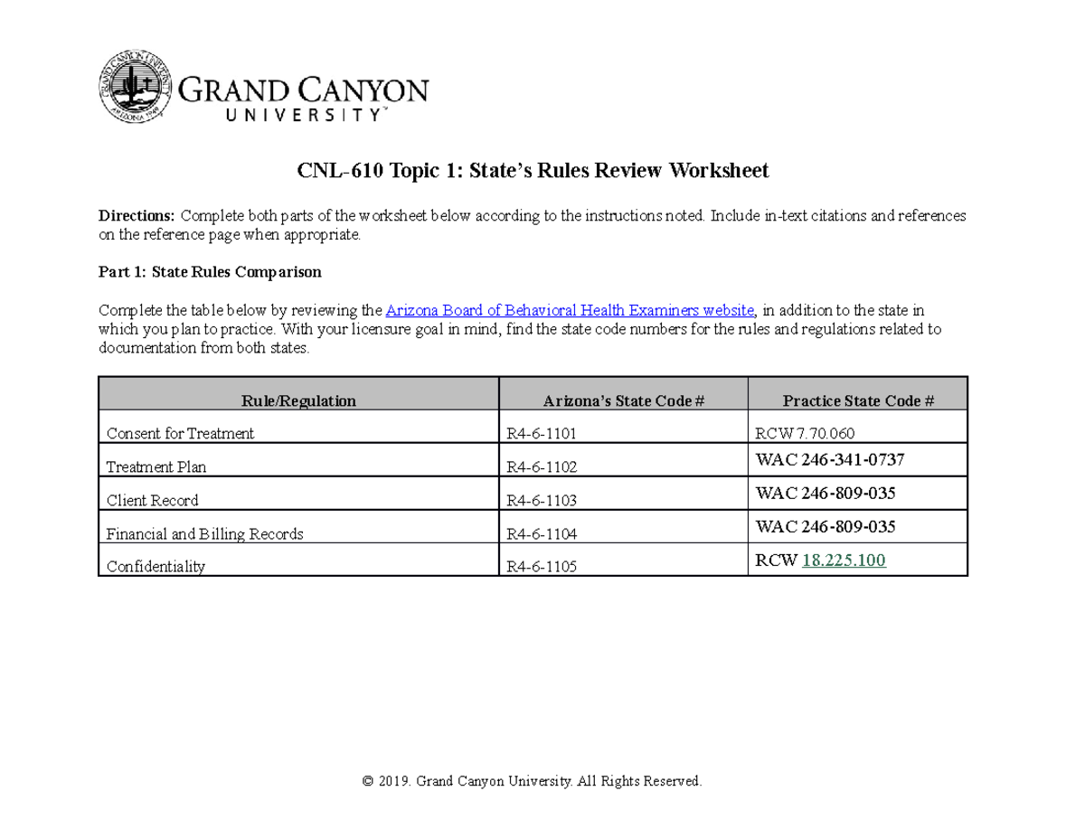 CNL 610 RS T1 State Rules & ACA Ethical Codes Comparison Worksheet ...