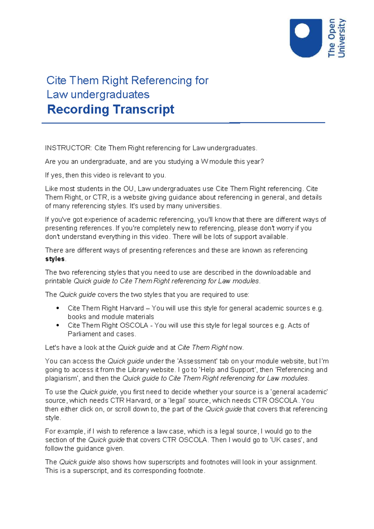 Cite Them Right referencing for Law undergraduates transcript 2022 ...