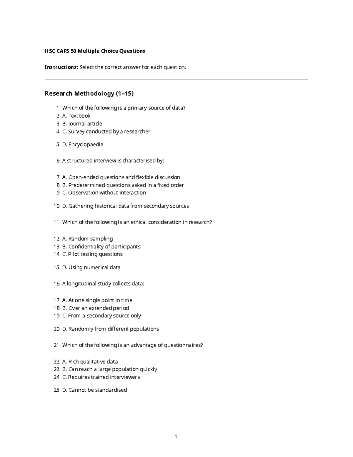 HSC CAFS Multiple Choice Questions Study Guide - Studocu