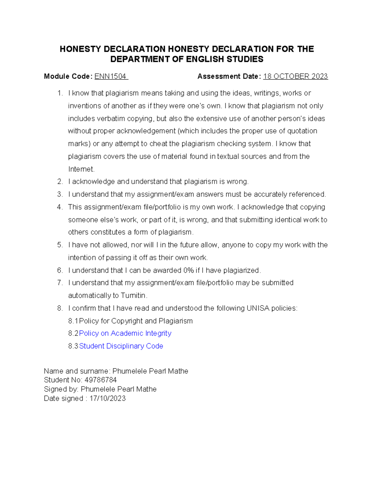Honesty Declaration for ENN1504: Academic Integrity & Plagiarism ...