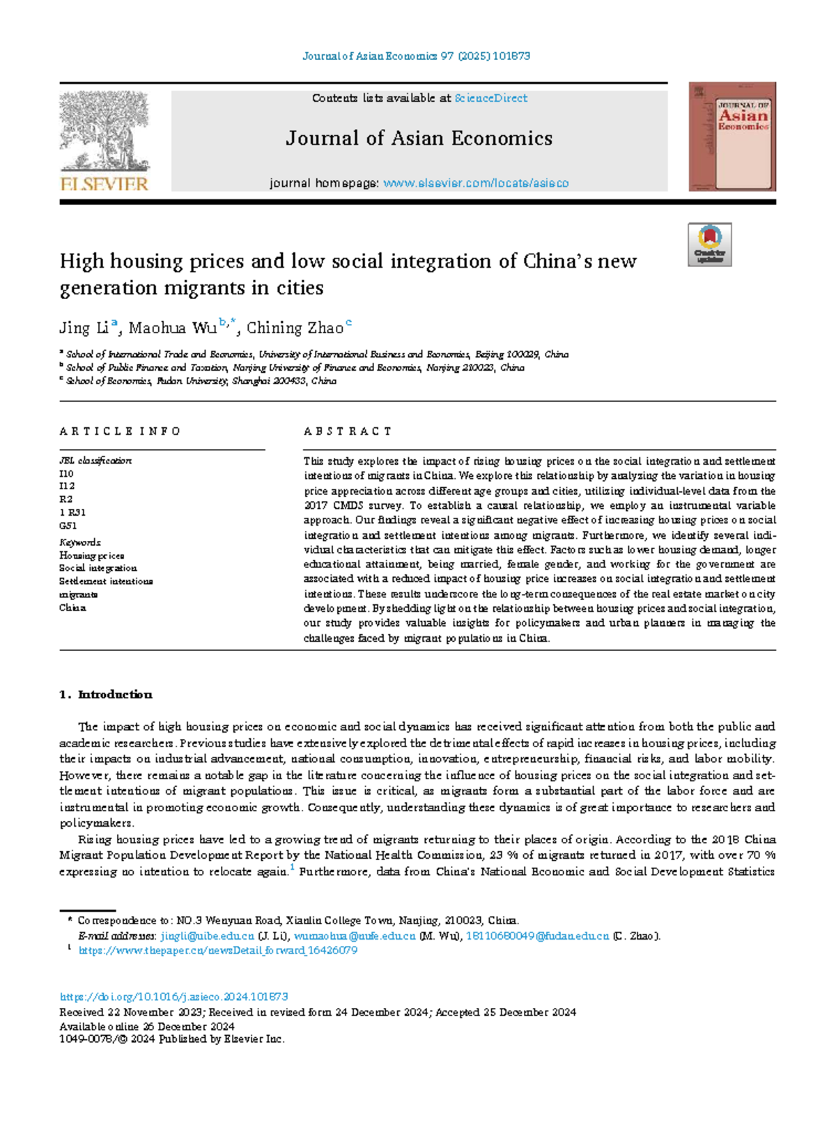 High Housing Prices and Social Integration of Migrants in China - Studocu