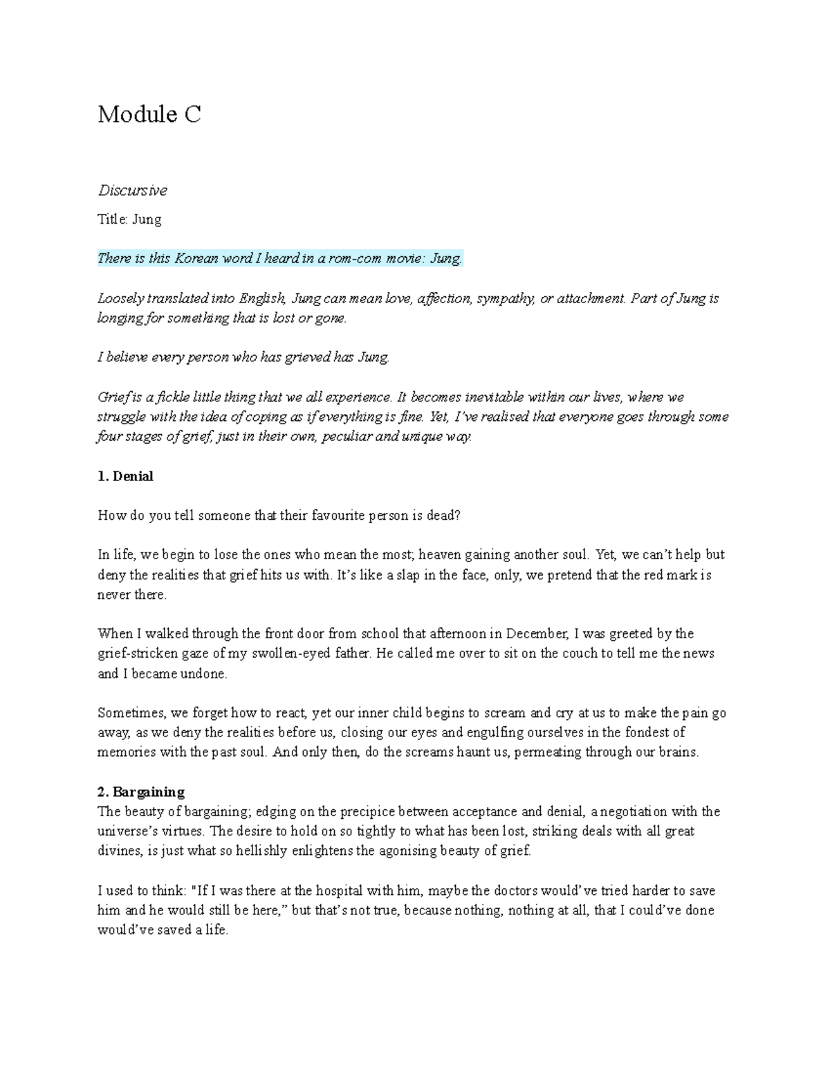 HSC Module C: Discursive Essay on Jung and Grief - Studocu