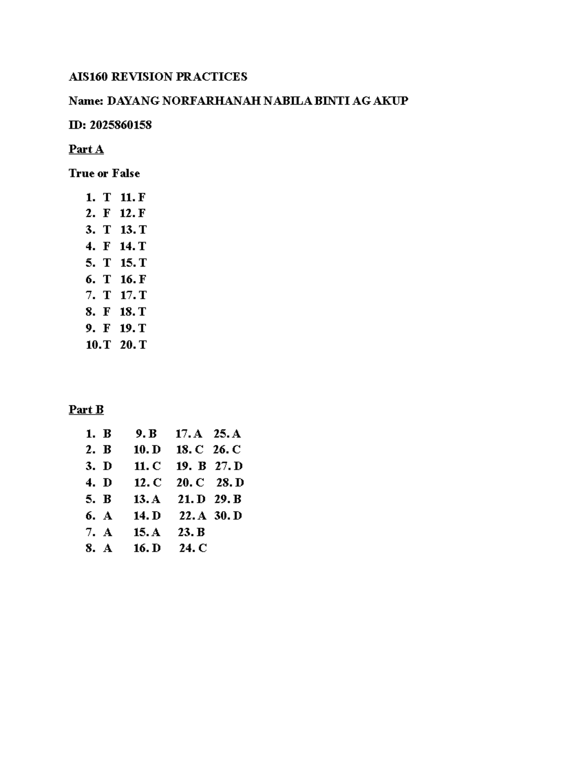 AIS160 Revision Practices: True/False & Multiple Choice Answers - Studocu