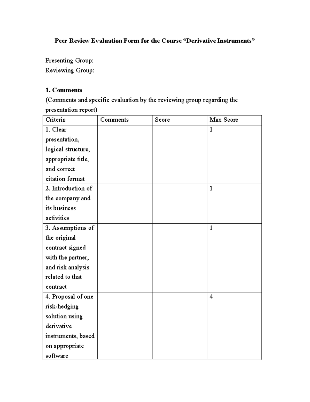 Peer Review Evaluation Form for Derivatives Course Presentation - Studocu