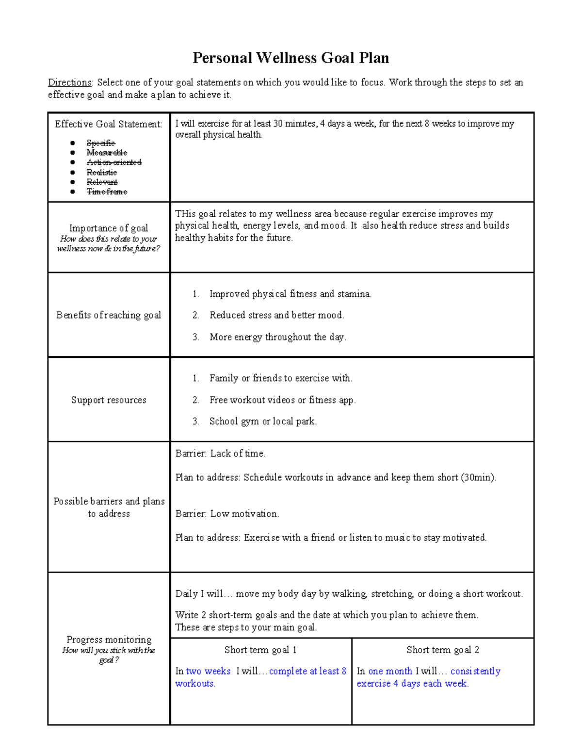 Personal Wellness Goal Plan: Strategies for Success - Studocu