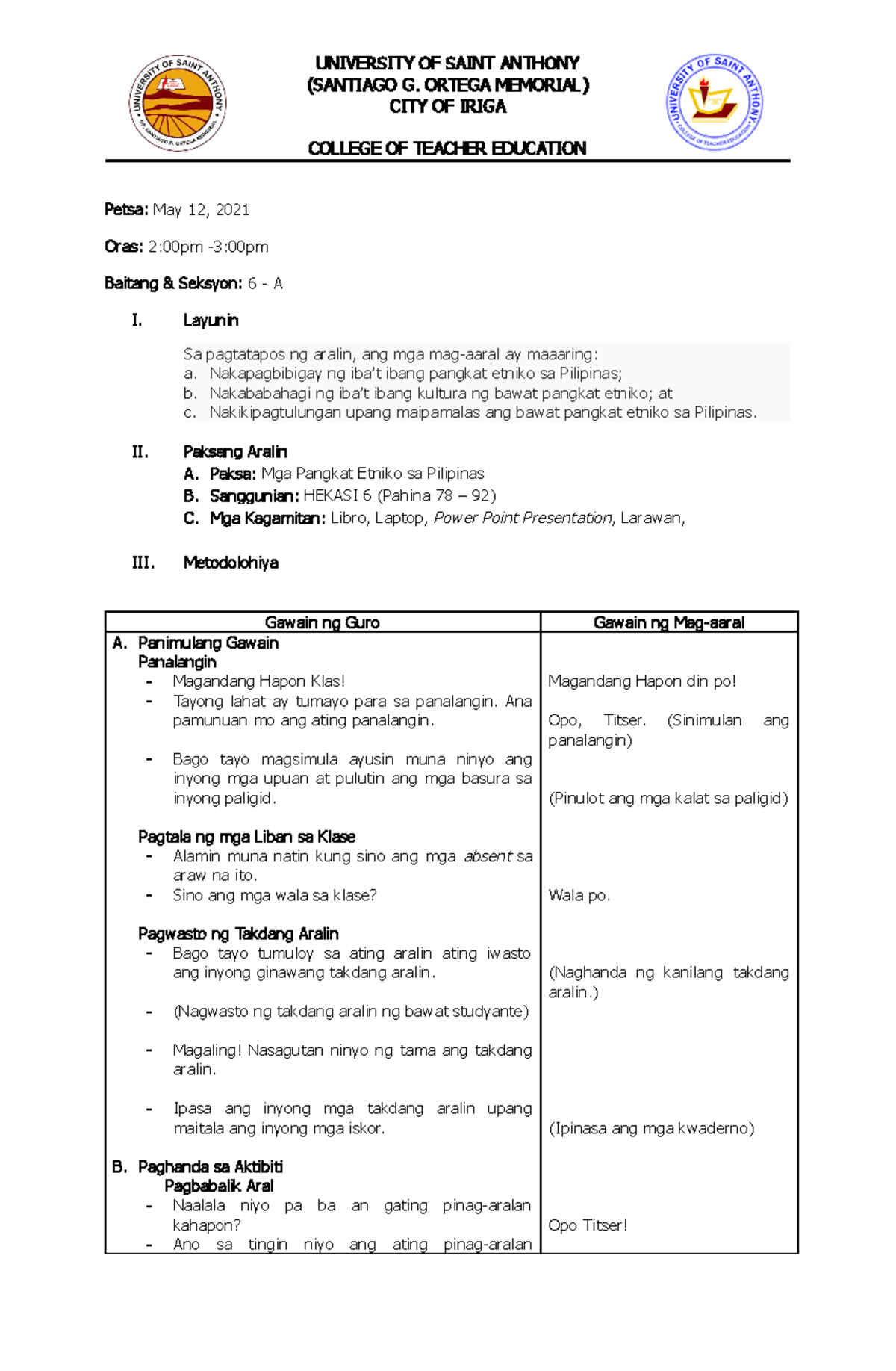 4As Method - Lesson Planning on Philippine Ethnic Groups in HEKASI 6 ...