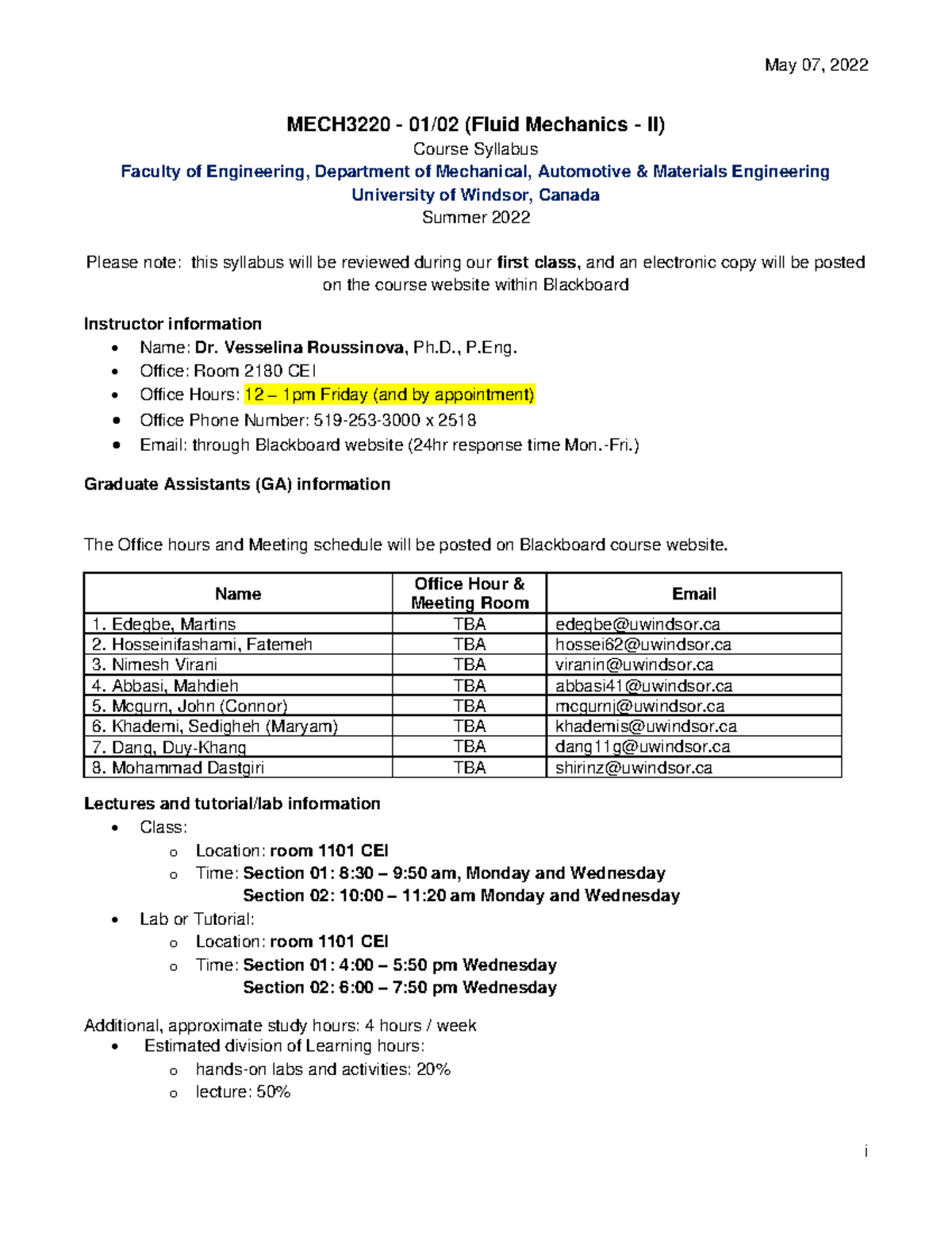 MECH3220-Summer 2022 Fluid Mechanics II Course Syllabus - Studocu