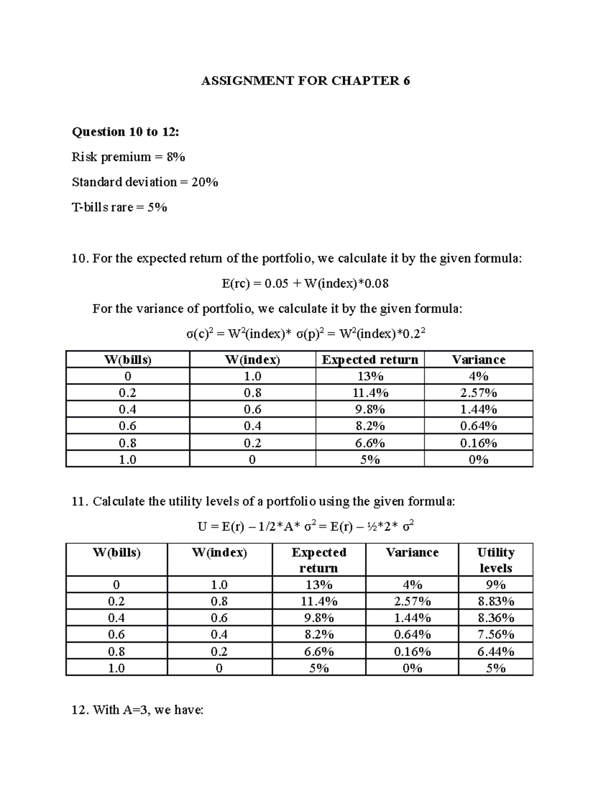 Finance Assignment Notes: Chapter 6 & 7 - Risk Premium & Portfolio ...