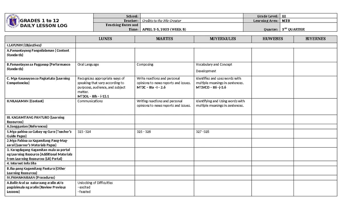 DLL Filipino 3 Q3 W8: Daily Lesson Log for April 3-5, 2023 - Studocu