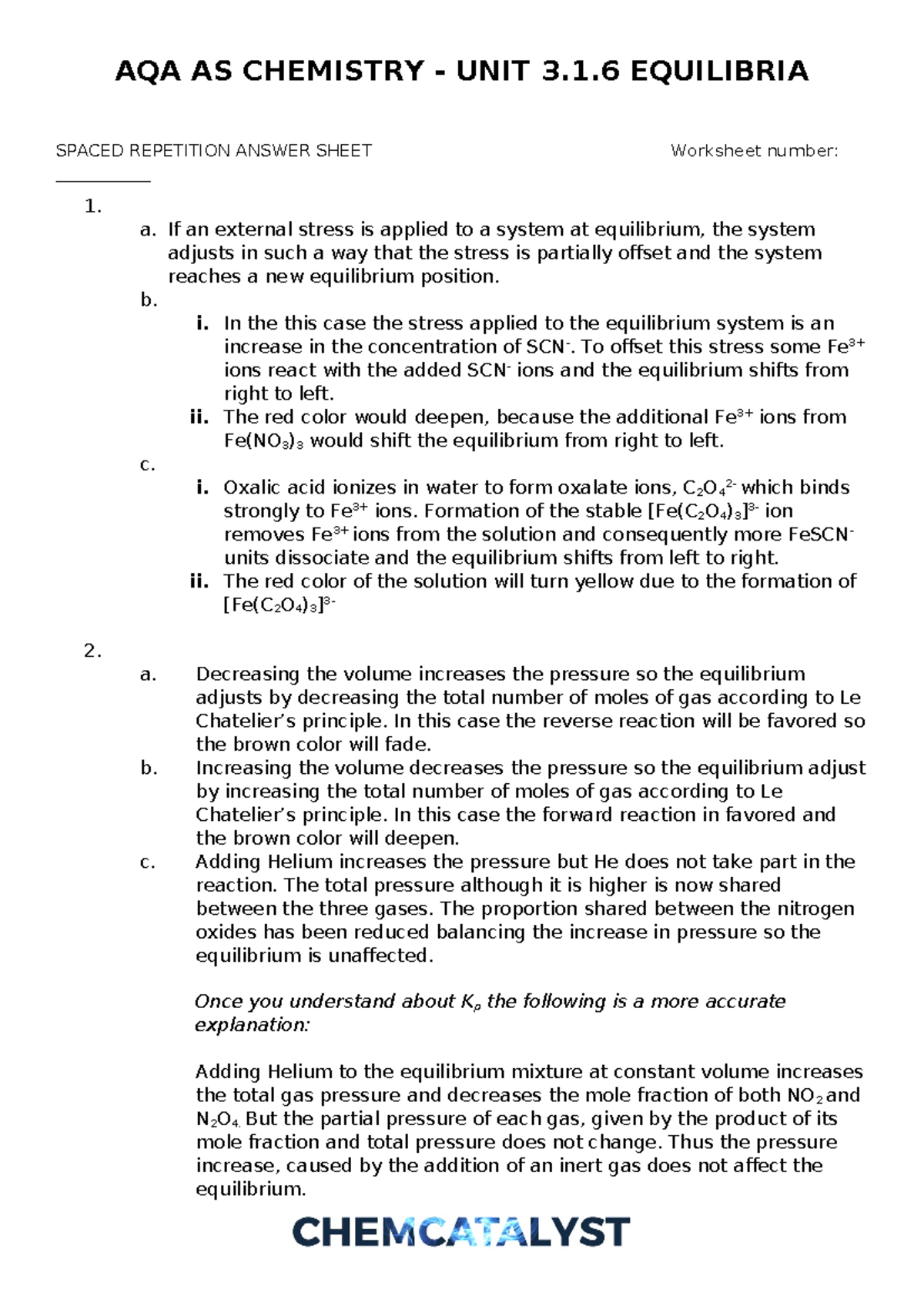 AQA AS CHEMISTRY UNIT 3.1.6 EQUILIBRIA ANSWER SHEET & NOTES - Studocu