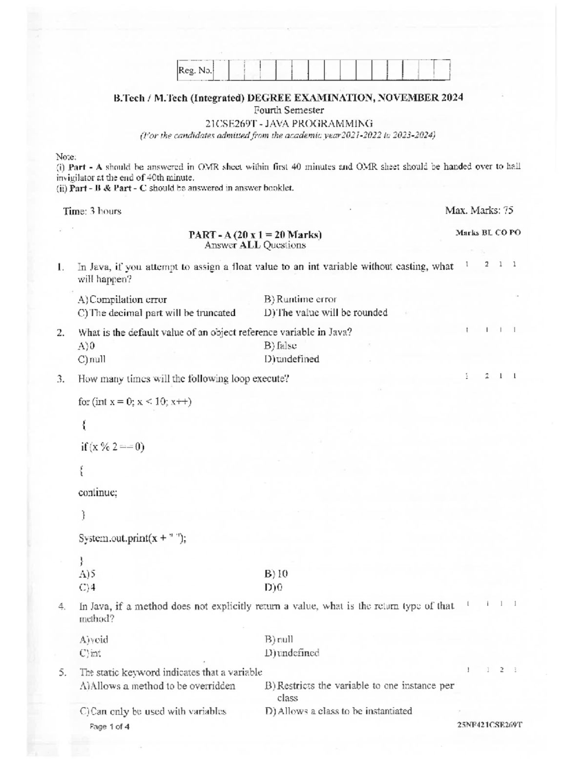 Univ QP 4 - PYQ for B. Tech M.Tech 21CSE269T Java Programming Exam ...