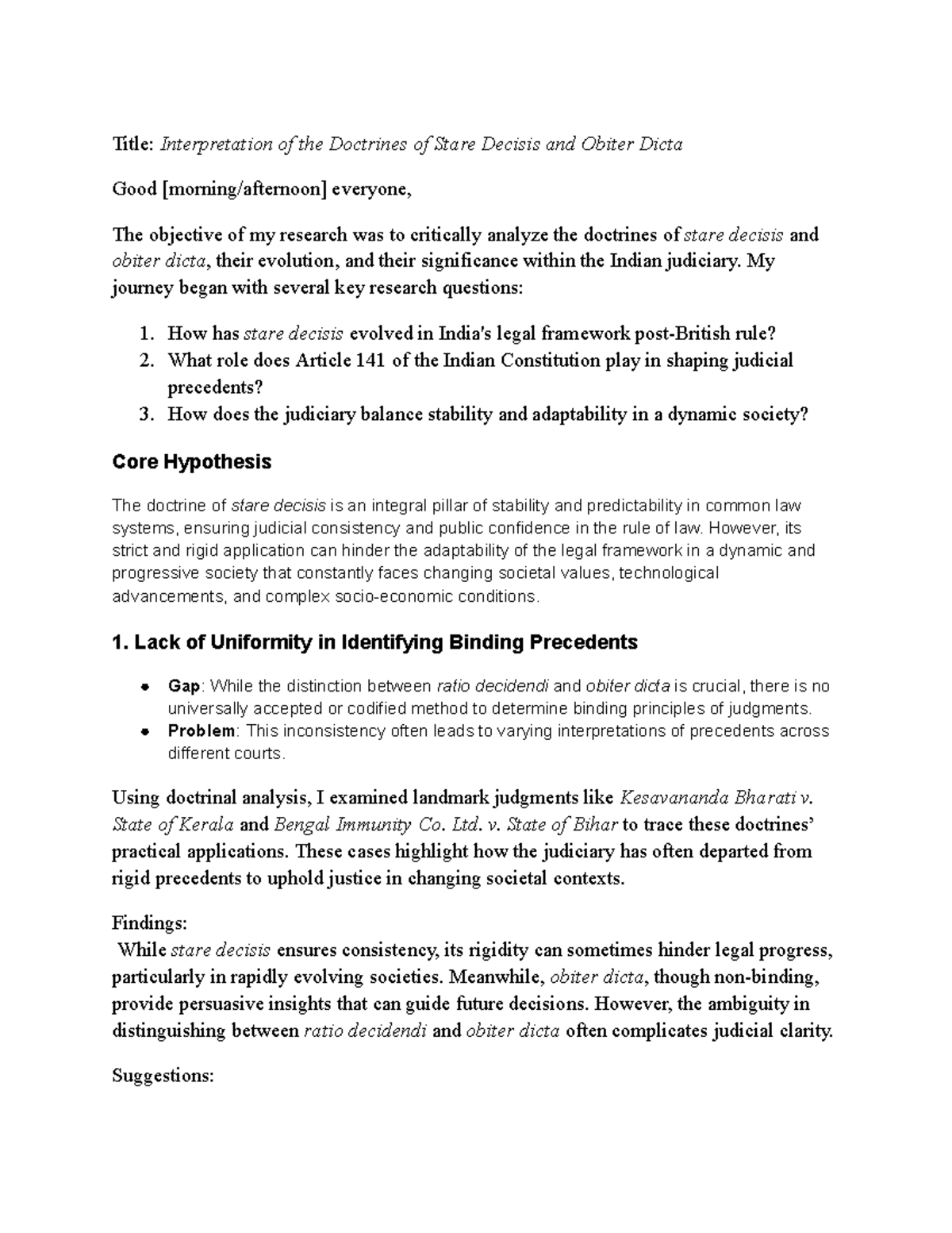 IOS - Final Exam: Analyzing Stare Decisis and Obiter Dicta in Indian ...