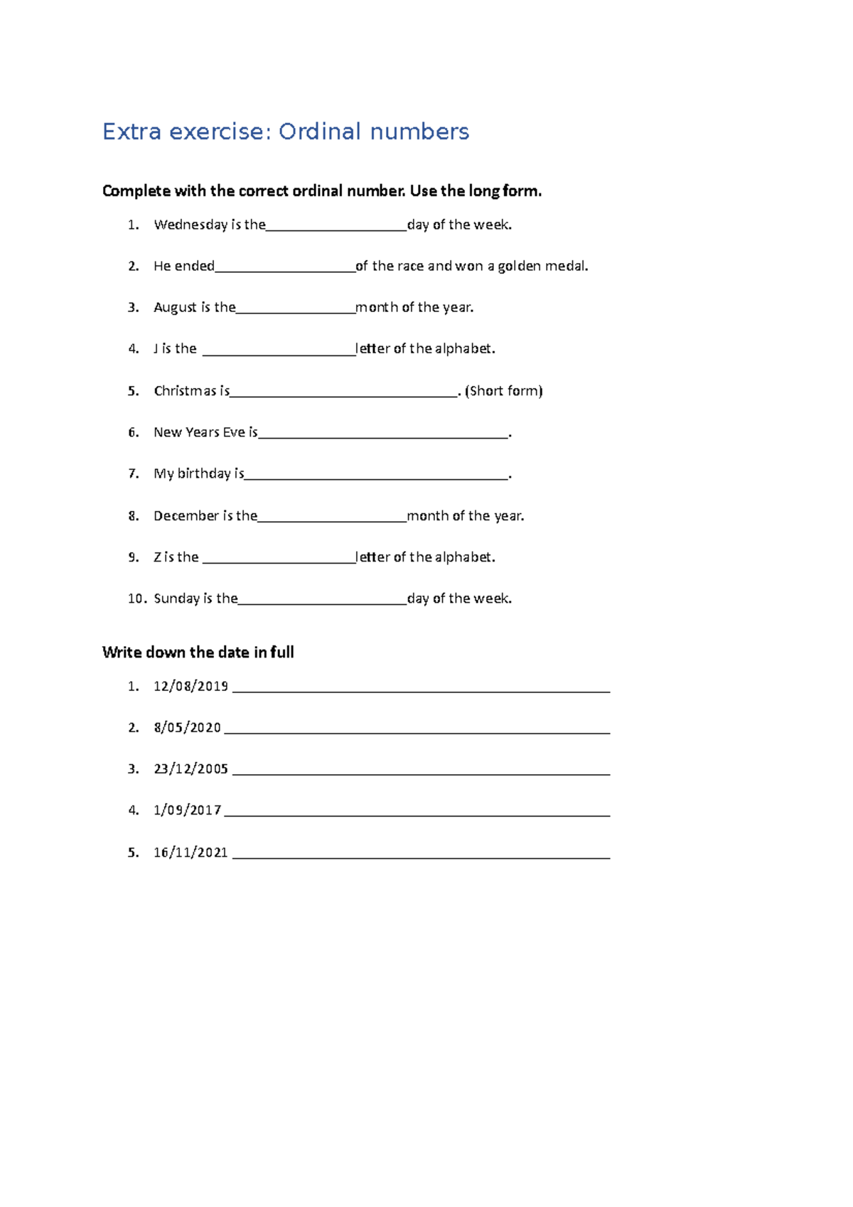 Extra Exercise: Ordinal Numbers Practice - Studocu