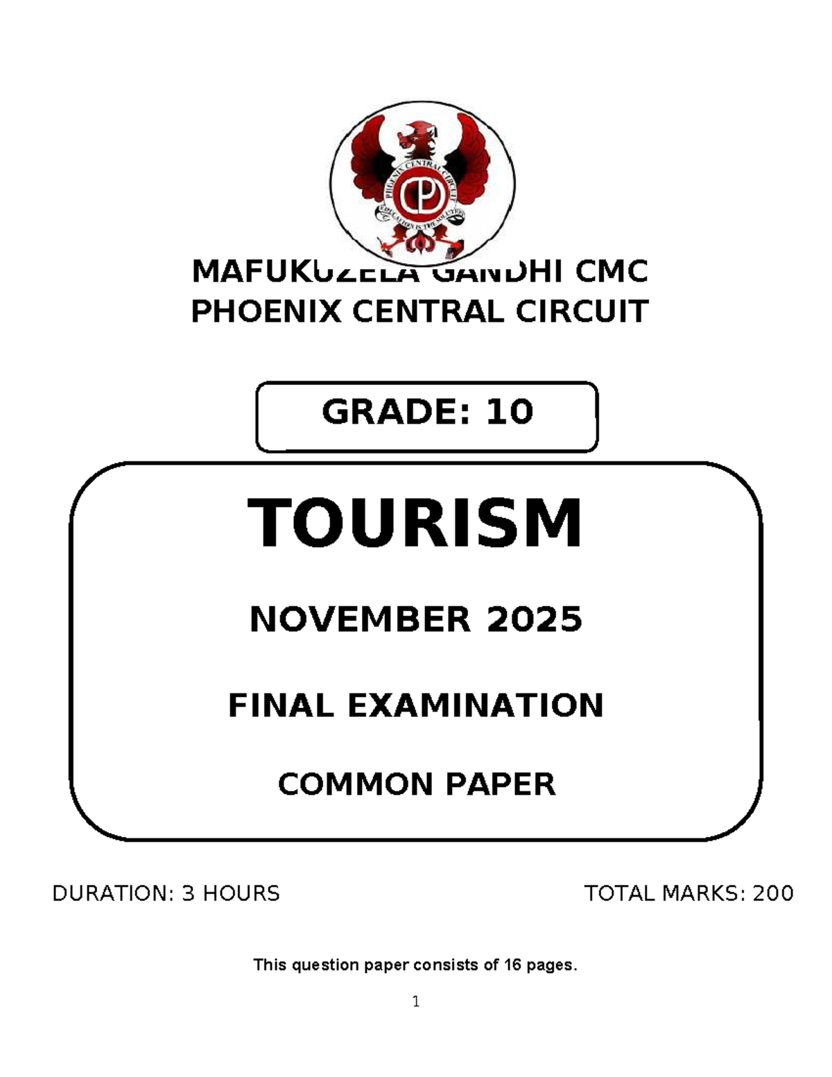 Tourism Grade 10 PCC November 2025 Final Exam Common Paper - Studocu