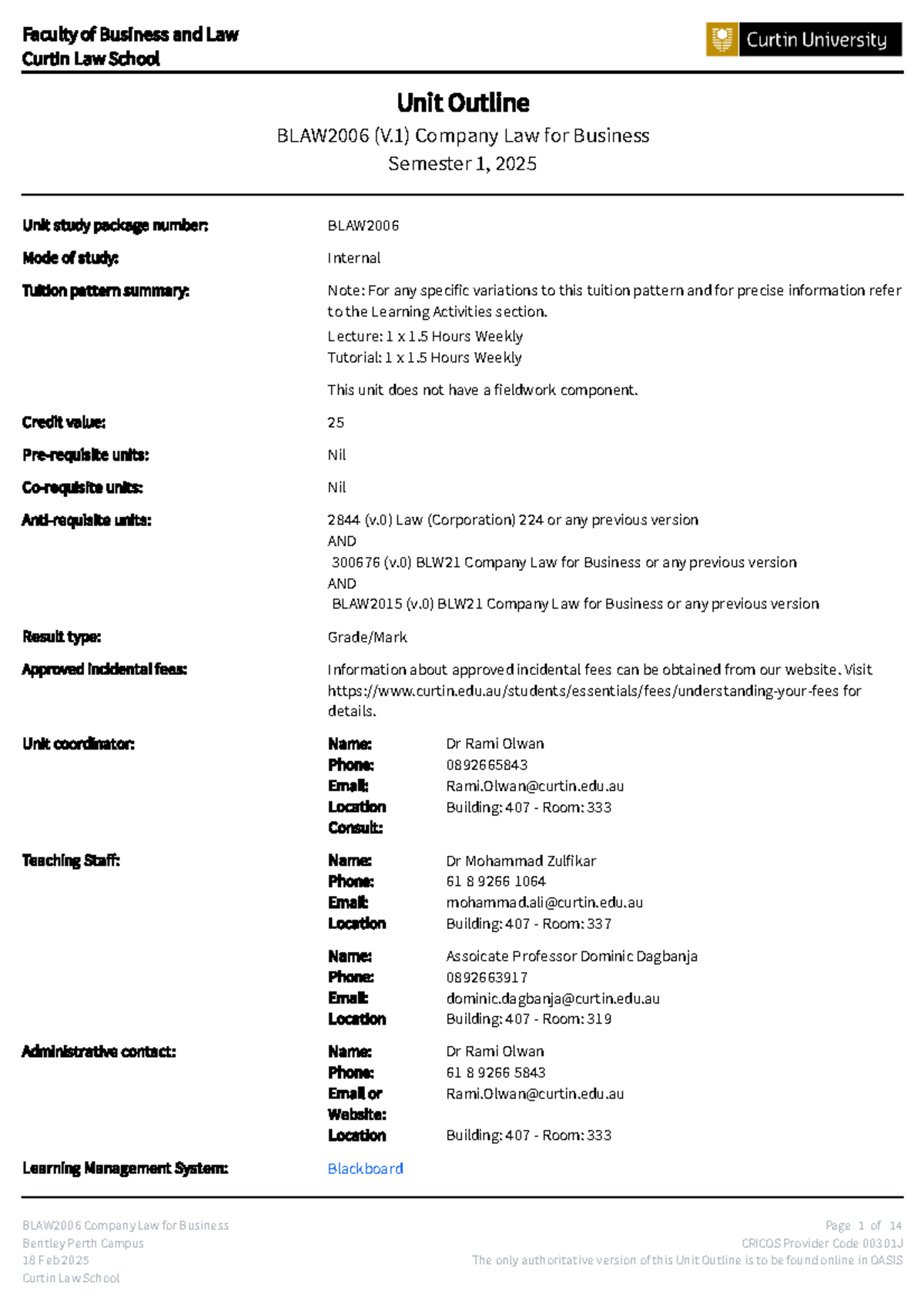 BLAW2006 Company Law for Business Unit Outline - Semester 1 2025 - Studocu