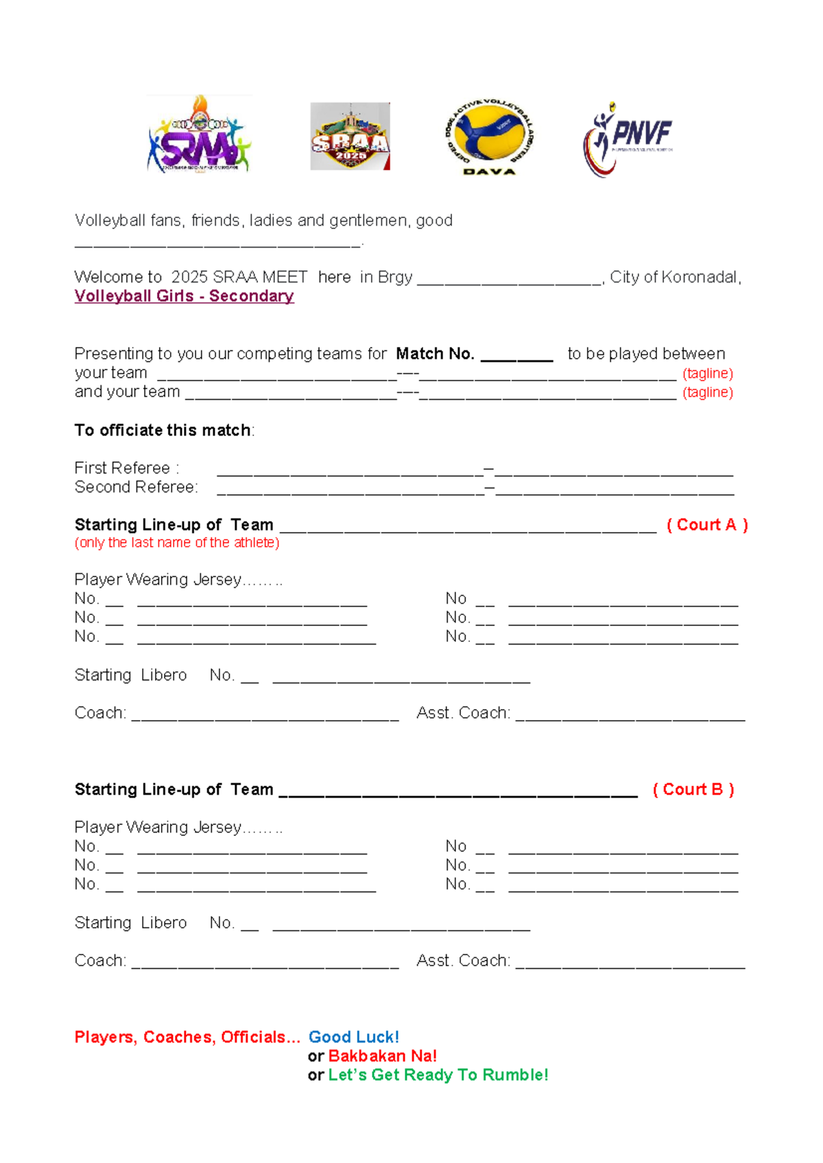 SRAA 2025 Elimination Match Script for Volleyball Teams - Studocu