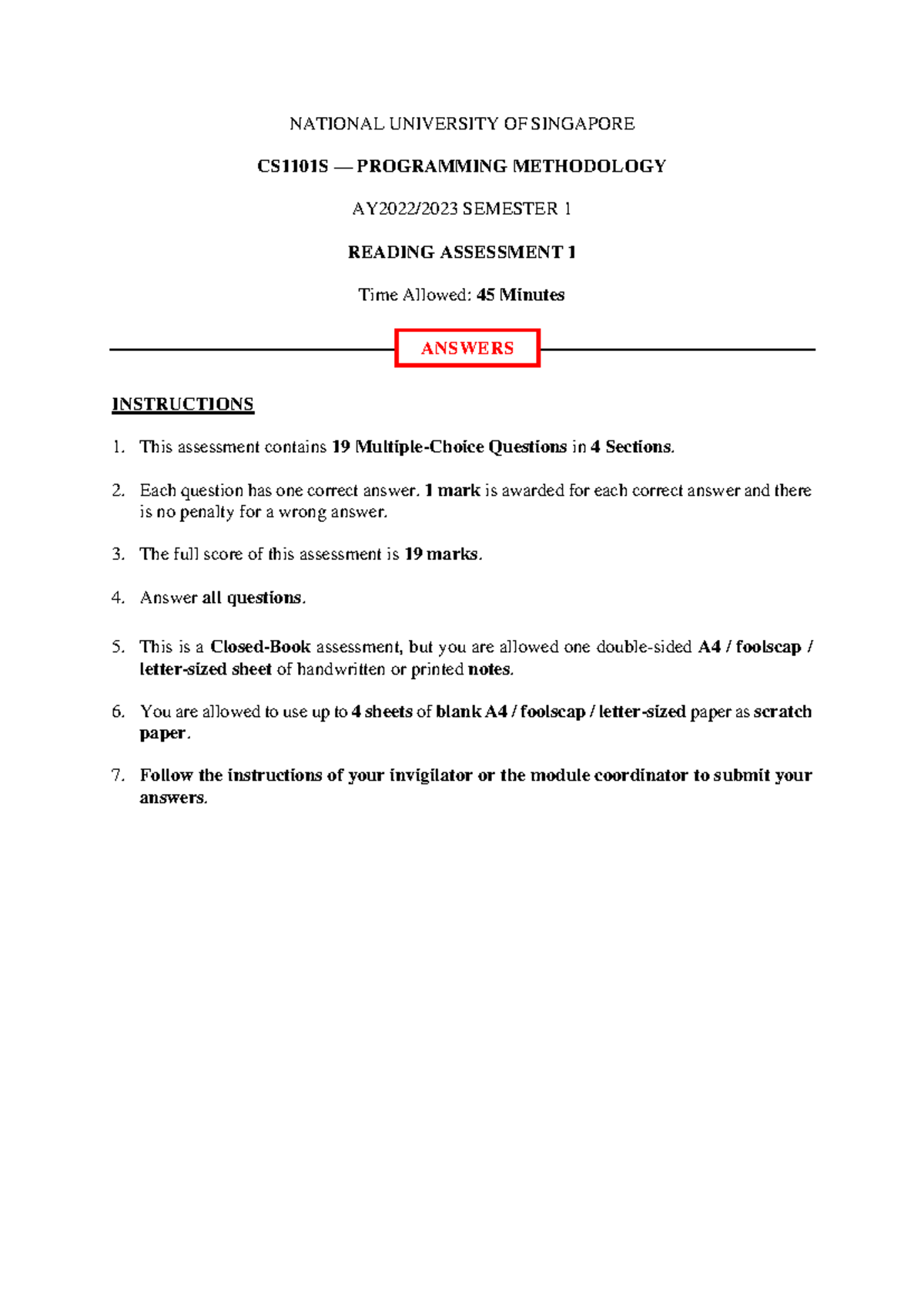 CS1101S Programming Methodology Semester 1 Reading Assessment 1 ...