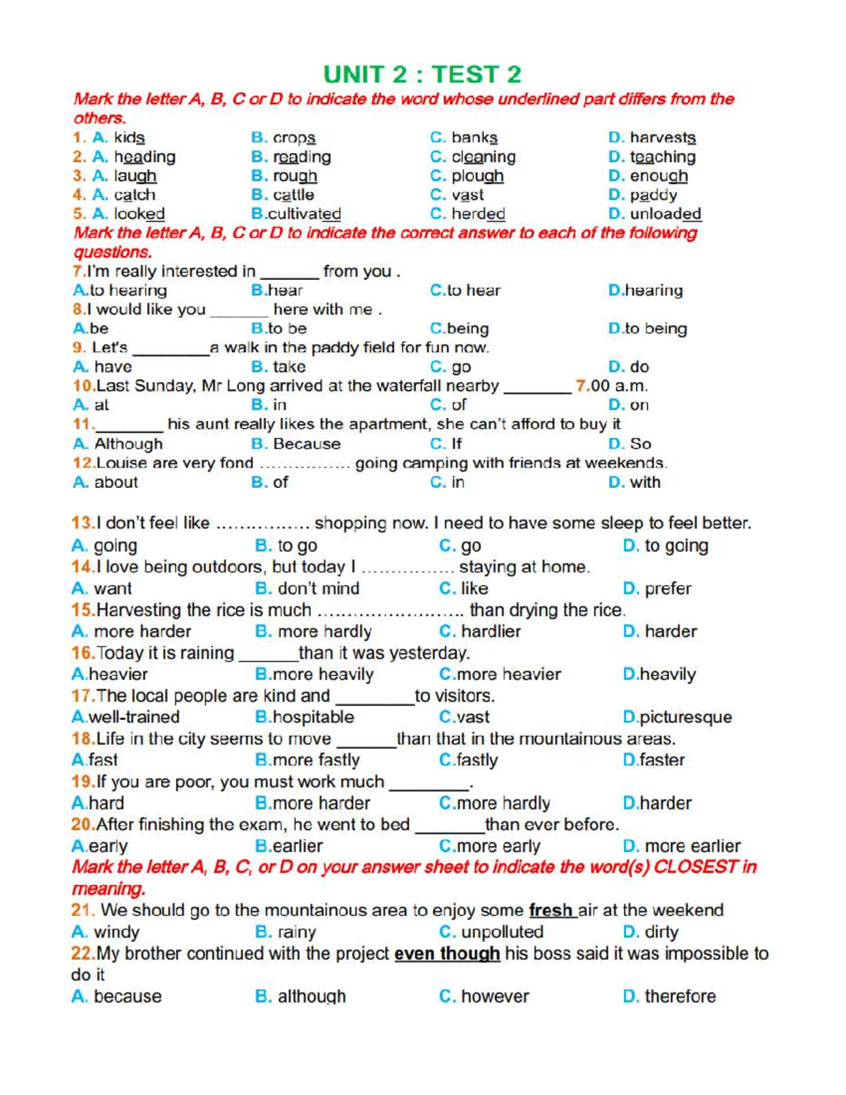 Unit 2: Test 2 - Vocabulary and Grammar Exercises - Studocu