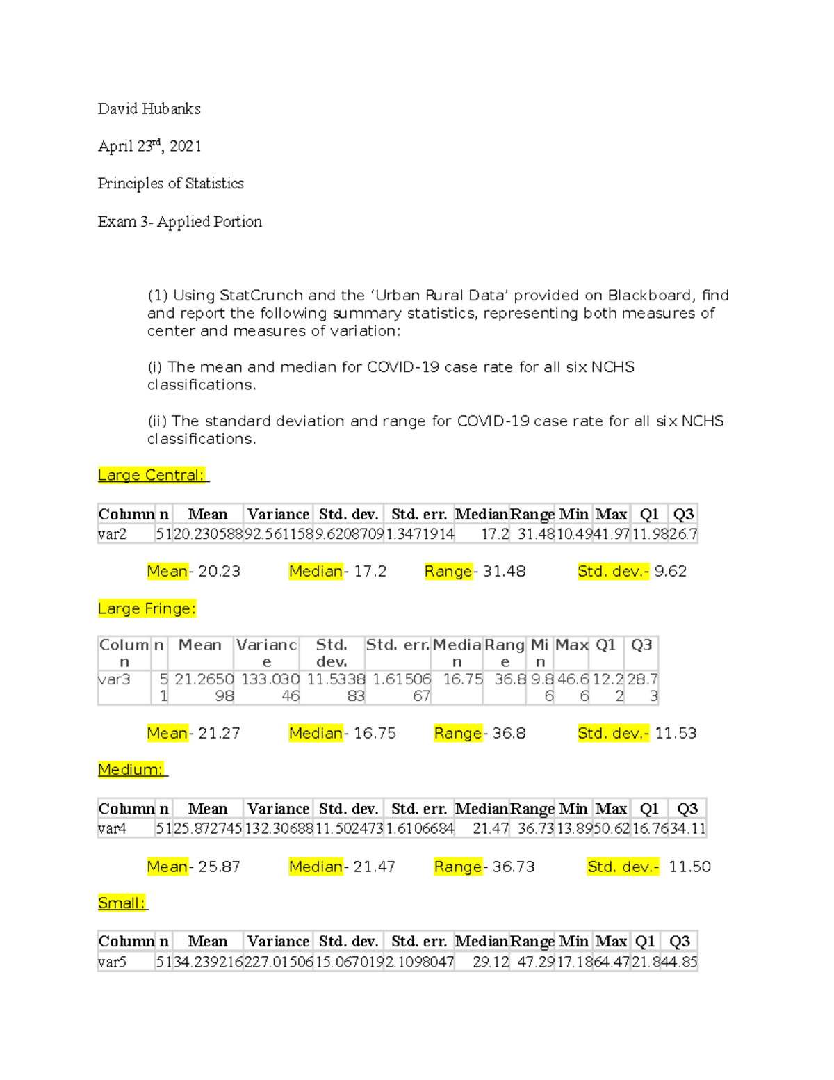 Exam 3- Applied Stat - stat exam - David Hubanks April 23rd, 2021 ...