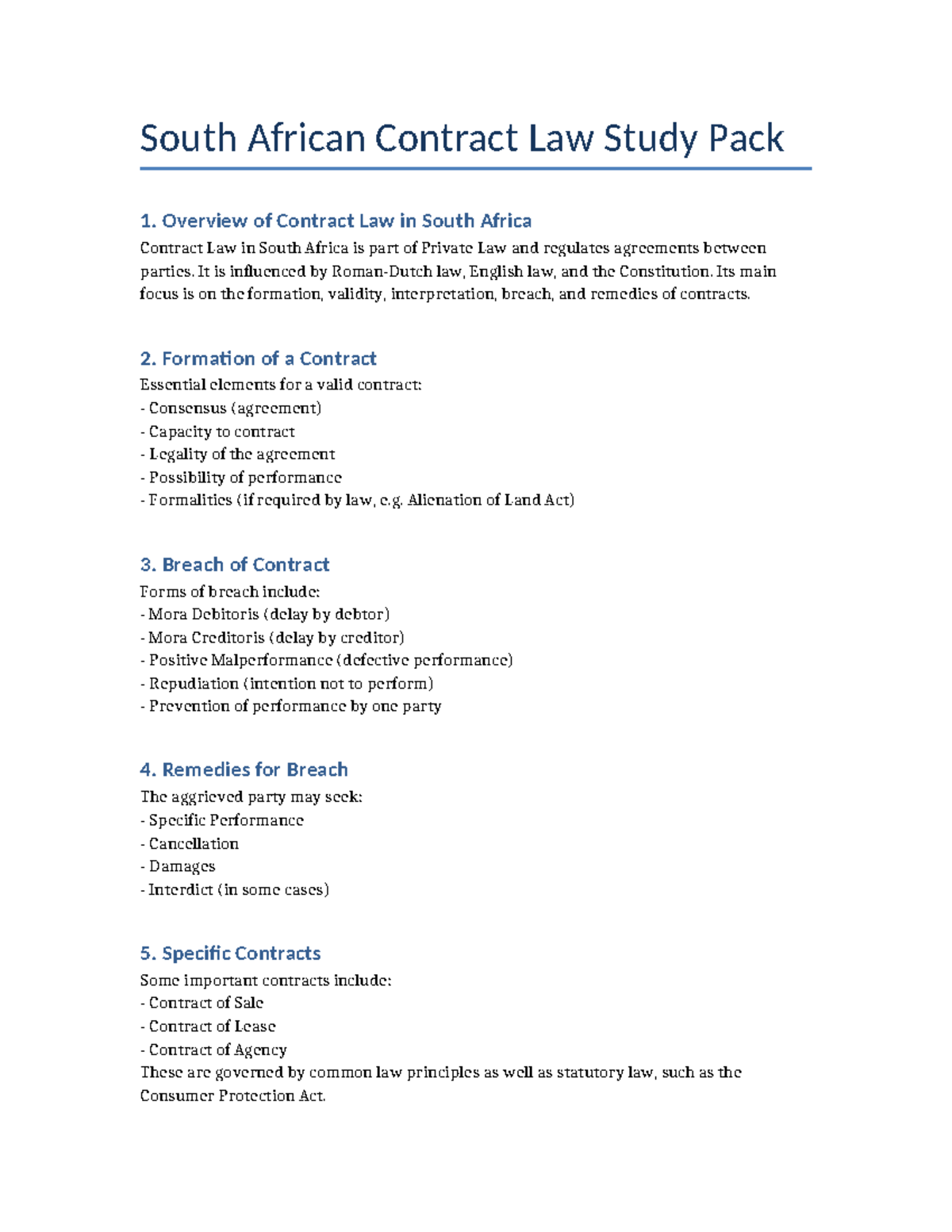 Contract Law Study Pack: Overview & Key Concepts in SA Law - Studocu