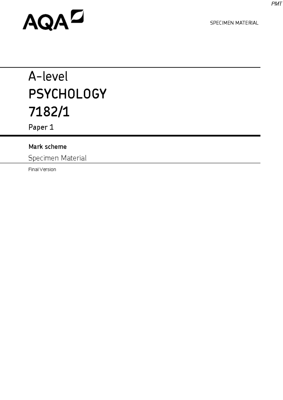 AQA Psychology A-level Paper 1 Specimen Mark Scheme - Studocu