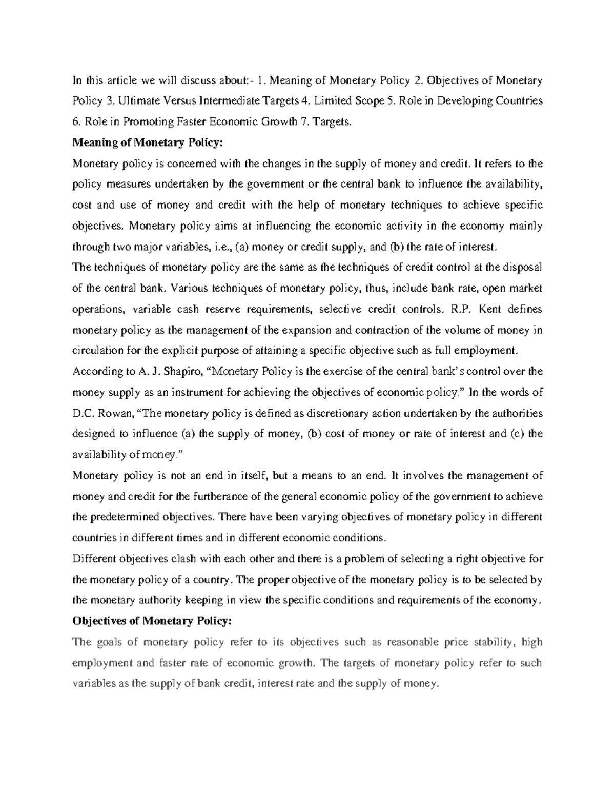 Monetary Policy Analysis - Course Notes and Key Objectives - Studocu