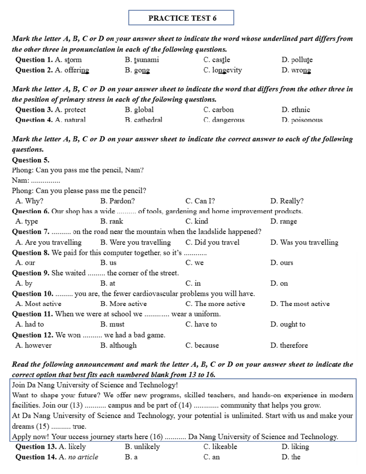 Test 6 - Lớp 9: Pronunciation and Stress Practice Questions - Studocu