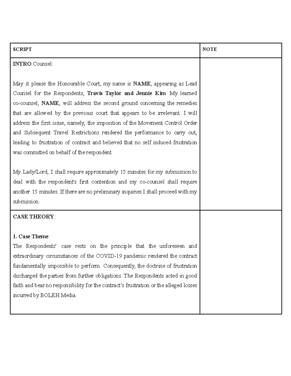 Defendant's Mooting Script: Contract Frustration and Covid-19 Impact ...
