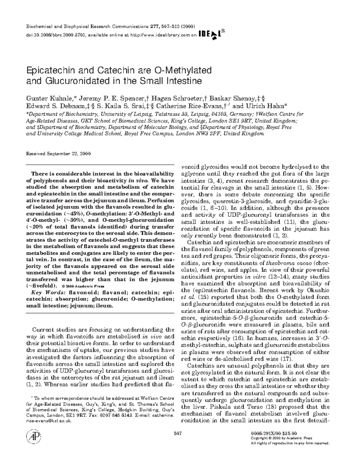 O-Methylation and Glucuronidation of Epicatechin and Catechin in the ...