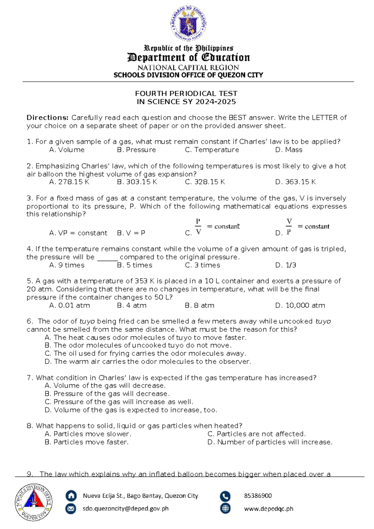 4TH Periodical TEST Science 24-25 - FOURTH PERIODICAL TEST IN SCIENCE ...